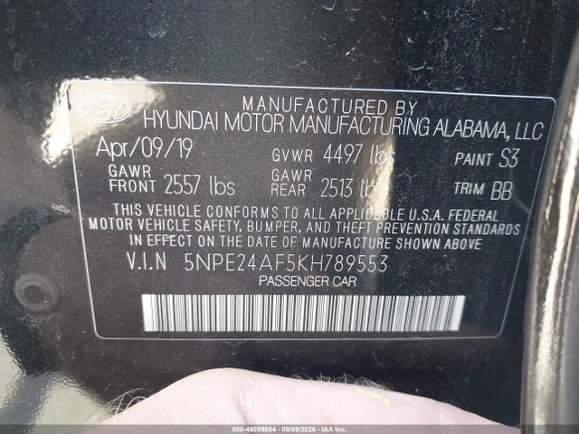 46059984 :رقم المزاد ، 5NPE24AF5KH789553 vin ، 2019 Hyundai Sonata Se مزاد بيع