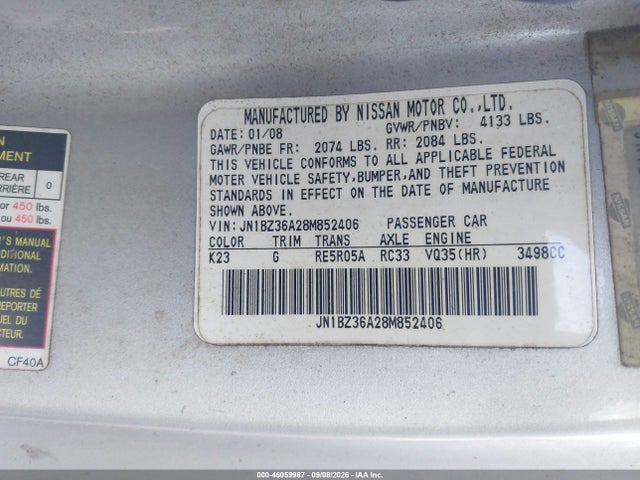 Продаж на аукціоні авто 2008 Nissan 350z Touring, vin: JN1BZ36A28M852406, номер лоту: 46059987