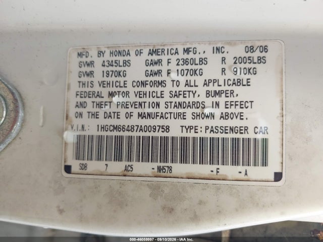 Продаж на аукціоні авто 2007 Honda Accord 3.0 Se, vin: 1HGCM66487A009758, номер лоту: 46059997