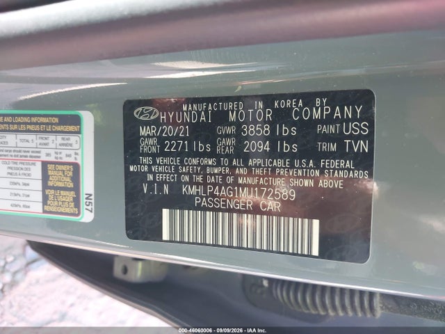 Продажа на аукционе авто 2021 Hyundai Elantra Limited, vin: KMHLP4AG1MU172589, номер лота: 46060006