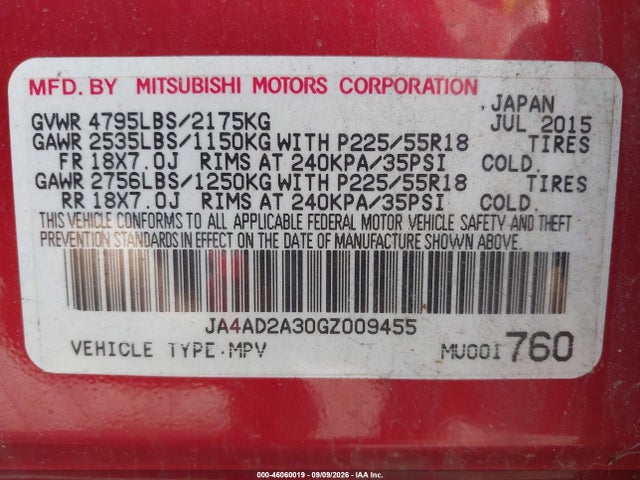 Aukcja sprzedaży 2016 Mitsubishi Outlander Es, vin: JA4AD2A30GZ009455, numer aukcji: 46060019