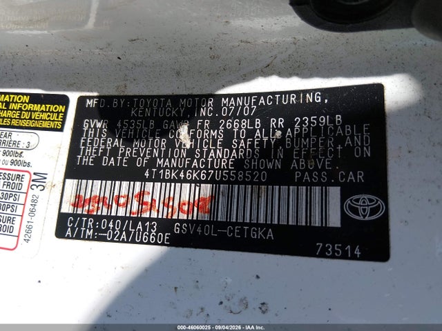 Aukcja sprzedaży 2007 Toyota Camry Xle V6, vin: 4T1BK46K67U558520, numer aukcji: 46060025