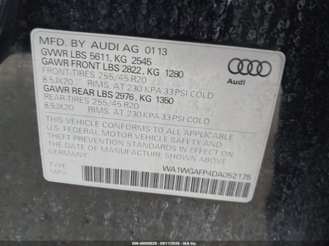 Продаж на аукціоні авто 2013 Audi Q5 3.0t Premium Plus, vin: WA1WGAFP4DA052175, номер лоту: 46060029