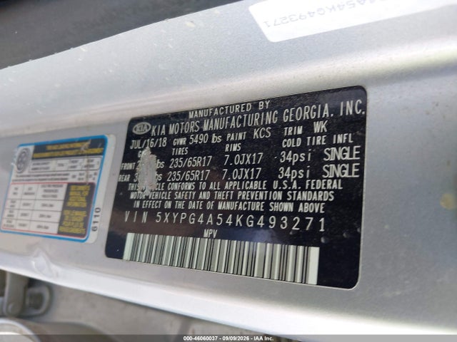46060037 :رقم المزاد ، 5XYPG4A54KG493271 vin ، 2019 Kia Sorento 3.3l Lx مزاد بيع