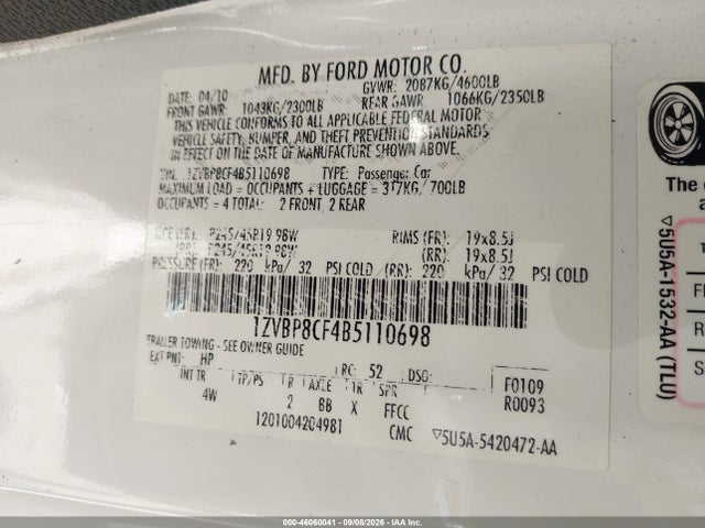 46060041 :رقم المزاد ، 1ZVBP8CF4B5110698 vin ، 2011 Ford Mustang Gt Premium مزاد بيع