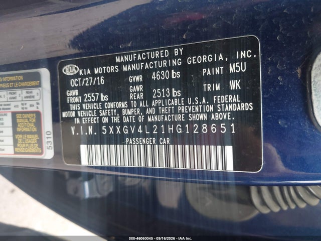 2017 Kia Optima Sxl Turbo მანქანა იყიდება აუქციონზე, vin: 5XXGV4L21HG128651, აუქციონის ნომერი: 46060045