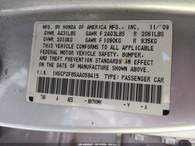 Продажа на аукционе авто 2010 Honda Accord 2.4 Ex-l, vin: 1HGCP2F85AA059415, номер лота: 46060047