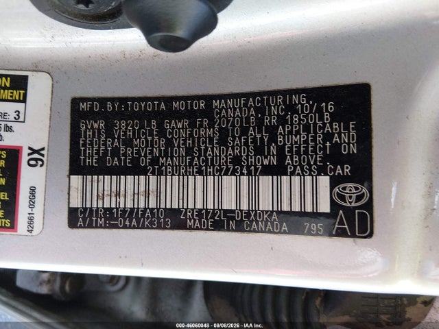 Aukcja sprzedaży 2017 Toyota Corolla L, vin: 2T1BURHE1HC773417, numer aukcji: 46060048