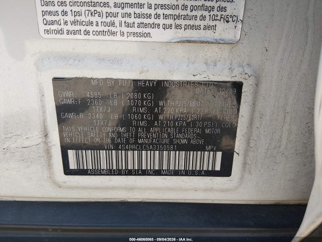 Aukcja sprzedaży 2010 Subaru Outback 2.5i Limited, vin: 4S4BRCLC5A3350581, numer aukcji: 46060065