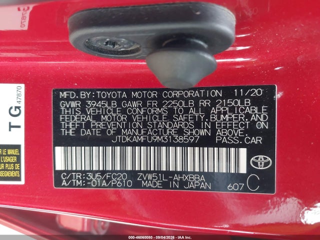 JTDKAMFU9M3138597 Toyota Prius L Eco