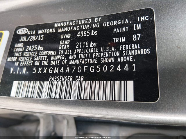 Auction sale of the 2015 Kia Optima Lx, vin: 5XXGM4A70FG502441, lot number: 46060081