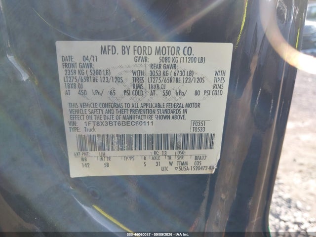 2011 Ford F-350 Lariat მანქანა იყიდება აუქციონზე, vin: 1FT8X3BT6BEC60111, აუქციონის ნომერი: 46060087