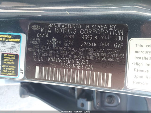46060106 :رقم المزاد ، KNALN4D71F5168350 vin ، 2015 Kia Cadenza Premium مزاد بيع