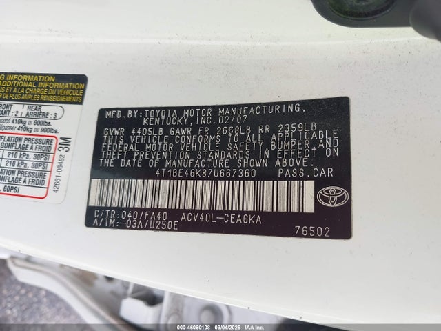 Продажа на аукционе авто 2007 Toyota Camry Xle, vin: 4T1BE46K87U667360, номер лота: 46060108