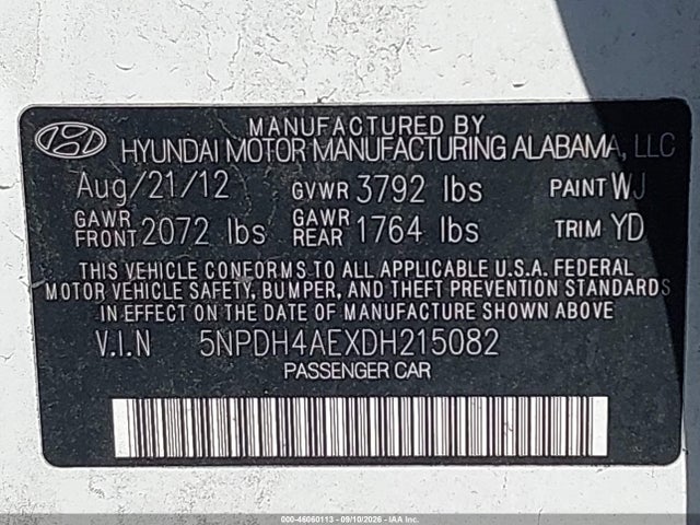 Продажа на аукционе авто 2013 Hyundai Elantra Gls, vin: 5NPDH4AEXDH215082, номер лота: 46060113