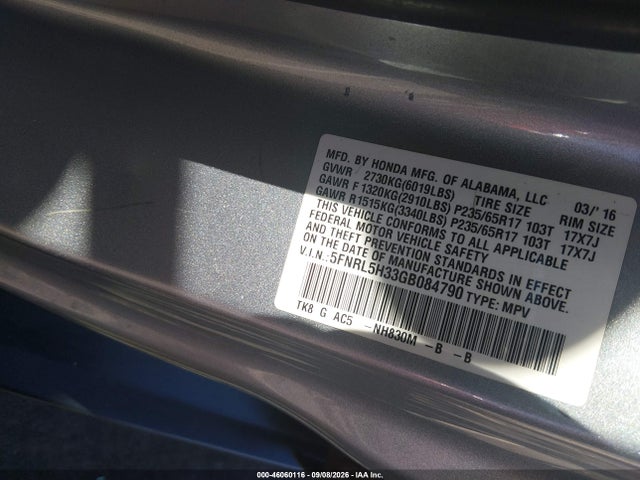 Продаж на аукціоні авто 2016 Honda Odyssey Se, vin: 5FNRL5H33GB084790, номер лоту: 46060116