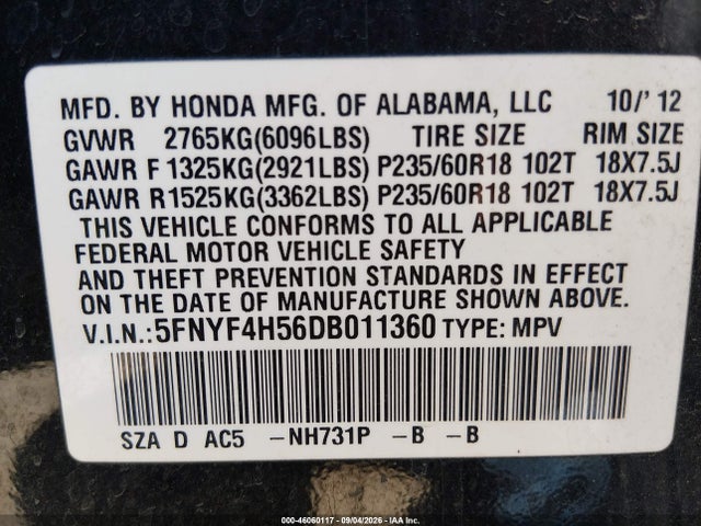 46060117 :رقم المزاد ، 5FNYF4H56DB011360 vin ، 2013 Honda Pilot Ex-l مزاد بيع
