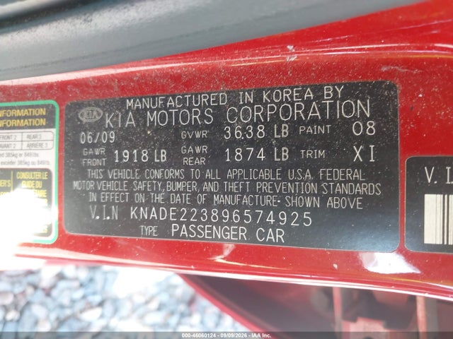 Продаж на аукціоні авто 2009 Kia Rio Lx, vin: KNADE223896574925, номер лоту: 46060124