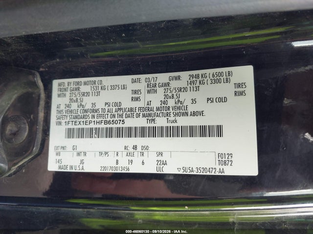 46060130 :رقم المزاد ، 1FTEX1EP1HFB65075 vin ، 2017 Ford F-150 Xl مزاد بيع