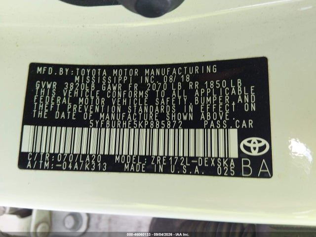 Aukcja sprzedaży 2019 Toyota Corolla Xse, vin: 5YFBURHE5KP885872, numer aukcji: 46060133
