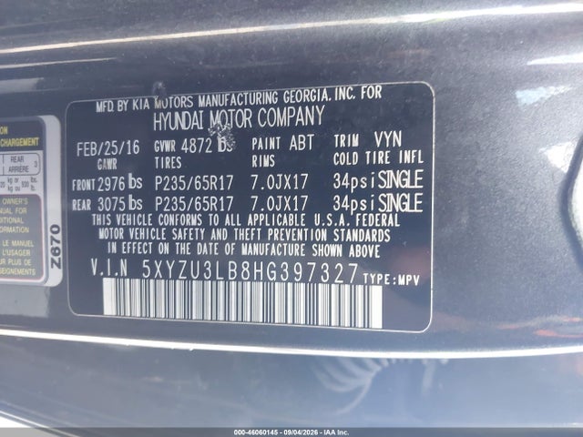 2017 Hyundai Santa Fe Sport 2.4l მანქანა იყიდება აუქციონზე, vin: 5XYZU3LB8HG397327, აუქციონის ნომერი: 46060145