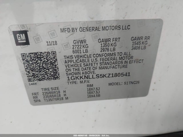 2019 Gmc Acadia Sle-2 მანქანა იყიდება აუქციონზე, vin: 1GKKNLLS5KZ180541, აუქციონის ნომერი: 46060149