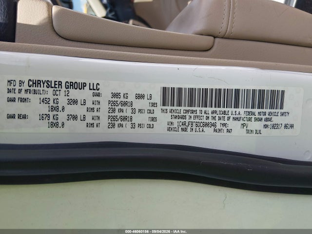 46060156 :رقم المزاد ، 1C4RJFBT6DC600346 vin ، 2013 Jeep Grand Cherokee Limited مزاد بيع