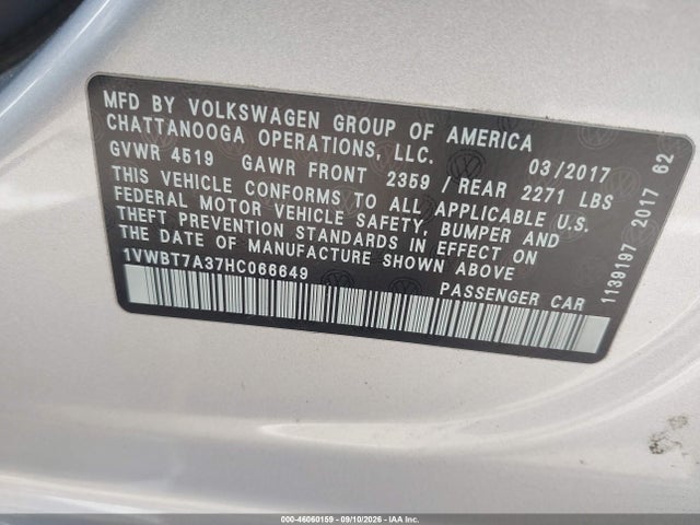 2017 Volkswagen Passat 1.8t Se მანქანა იყიდება აუქციონზე, vin: 1VWBT7A37HC066649, აუქციონის ნომერი: 46060159