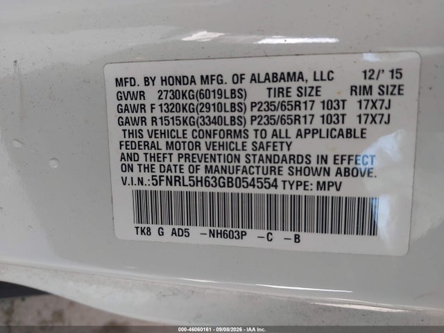 46060161 :رقم المزاد ، 5FNRL5H63GB054554 vin ، 2016 Honda Odyssey Ex-l مزاد بيع