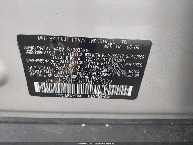Aukcja sprzedaży 2009 Subaru Forester 2.5x, vin: JF2SH63659H733892, numer aukcji: 46060166