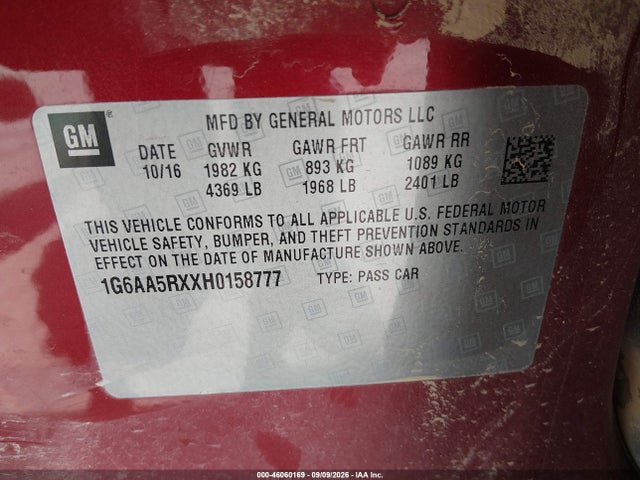 2017 Cadillac Ats Standard მანქანა იყიდება აუქციონზე, vin: 1G6AA5RXXH0158777, აუქციონის ნომერი: 46060169