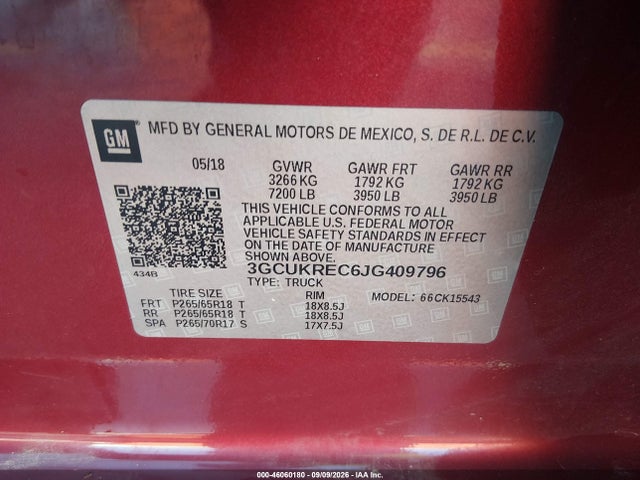 Aukcja sprzedaży 2018 Chevrolet Silverado 1500 2lt, vin: 3GCUKREC6JG409796, numer aukcji: 46060180