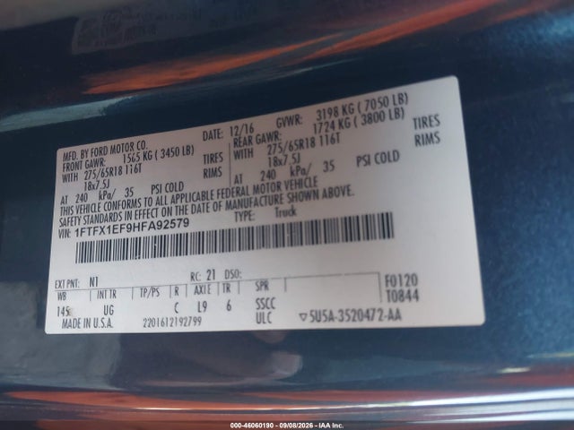 46060190 :رقم المزاد ، 1FTFX1EF9HFA92579 vin ، 2017 Ford F-150 Xlt مزاد بيع
