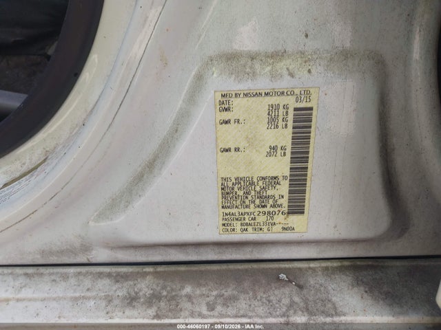 46060197 :رقم المزاد ، 1N4AL3APXFC298076 vin ، 2015 Nissan Altima 2.5/2.5 S/2.5 Sl/2.5 Sv مزاد بيع