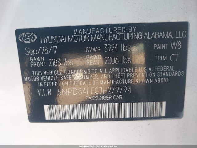 2018 Hyundai Elantra Sel მანქანა იყიდება აუქციონზე, vin: 5NPD84LF0JH279794, აუქციონის ნომერი: 46060207