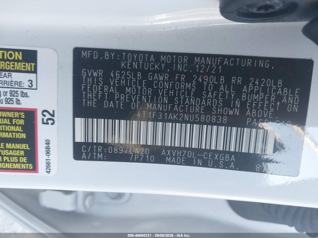 46060221 :رقم المزاد ، 4T1F31AK2NU580838 vin ، 2022 Toyota Camry Xle Hybrid مزاد بيع