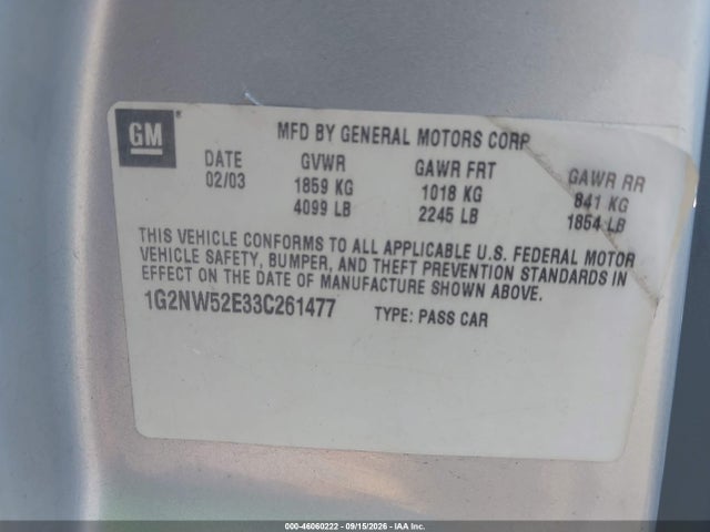 Aukcja sprzedaży 2003 Pontiac Grand Am Gt, vin: 1G2NW52E33C261477, numer aukcji: 46060222