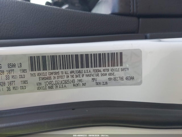 Aukcja sprzedaży 2019 Dodge Durango Gt Plus Awd, vin: 1C4RDJDG1KC825149, numer aukcji: 46060233