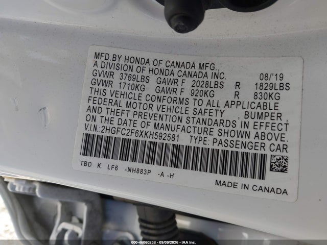 Продаж на аукціоні авто 2019 Honda Civic Lx, vin: 2HGFC2F6XKH592581, номер лоту: 46060238