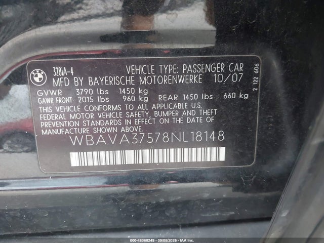 2008 Bmw 328i მანქანა იყიდება აუქციონზე, vin: WBAVA37578NL18148, აუქციონის ნომერი: 46060249