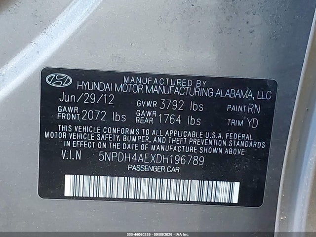 46060259 :رقم المزاد ، 5NPDH4AEXDH196789 vin ، 2013 Hyundai Elantra Gls مزاد بيع