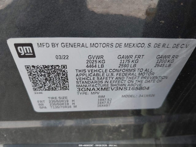 46060267 :رقم المزاد ، 3GNAXMEV3NS165804 vin ، 2022 Chevrolet Equinox Fwd Rs مزاد بيع