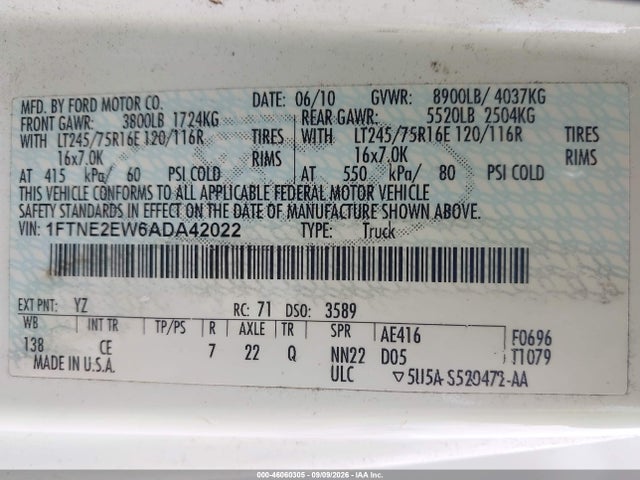 46060305 :رقم المزاد ، 1FTNE2EW6ADA42022 vin ، 2010 Ford E-250 Commercial/recreational مزاد بيع