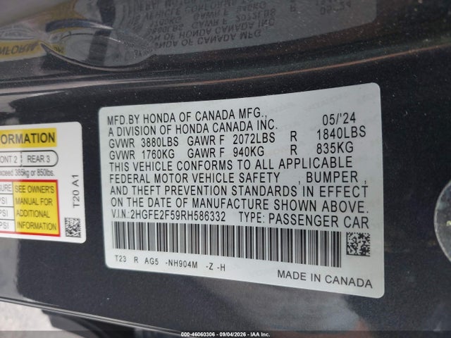 2024 Honda Civic Sport მანქანა იყიდება აუქციონზე, vin: 2HGFE2F59RH586332, აუქციონის ნომერი: 46060306