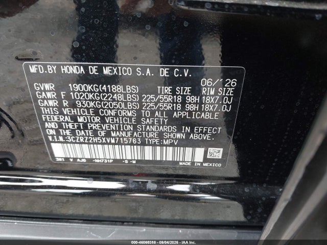 46060310 :رقم المزاد ، 3CZRZ2H5XVM715763 vin ، 2027 Honda Hr-v Sport Awd مزاد بيع