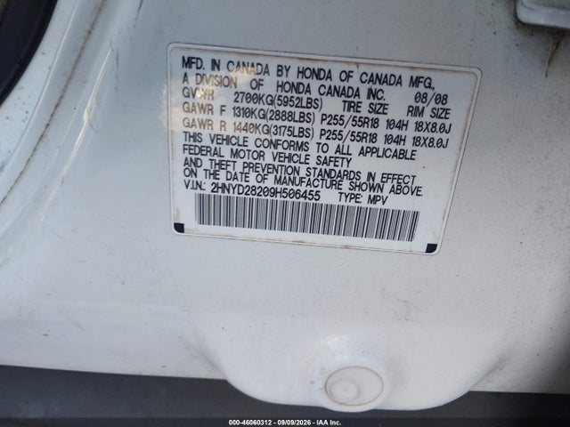 Продажа на аукционе авто 2009 Acura Mdx, vin: 2HNYD28209H506455, номер лота: 46060312