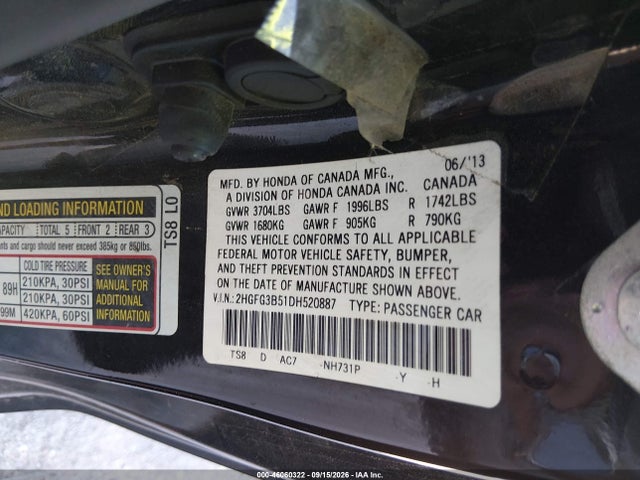 46060322 :رقم المزاد ، 2HGFG3B51DH520887 vin ، 2013 Honda Civic Lx مزاد بيع