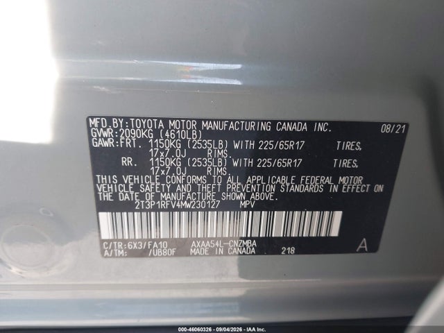 46060326 :رقم المزاد ، 2T3P1RFV4MW230127 vin ، 2021 Toyota Rav4 Xle مزاد بيع