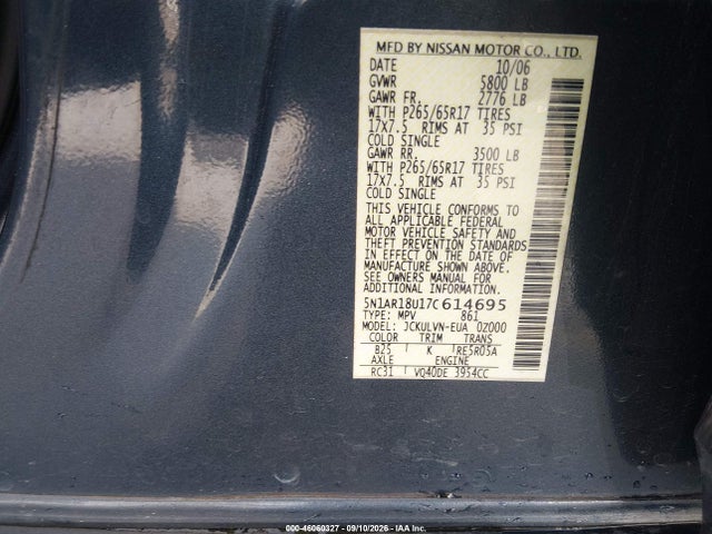 Aukcja sprzedaży 2007 Nissan Pathfinder Le, vin: 5N1AR18U17C614695, numer aukcji: 46060327