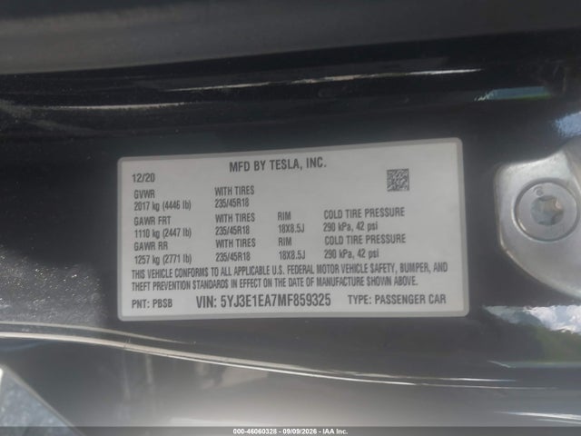 5YJ3E1EA7MF859325 Tesla Model 3 Standard Range Plus Rear-wheel Drive